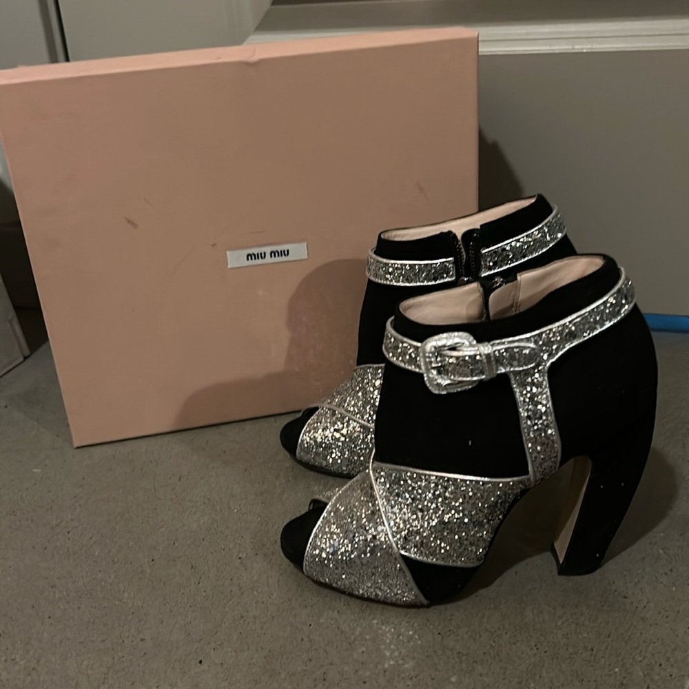 Miu Miu Glitter and Suede Peeptoe Booties